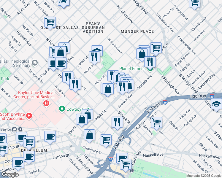 map of restaurants, bars, coffee shops, grocery stores, and more near 4325 Elm Street in Dallas