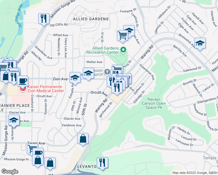 map of restaurants, bars, coffee shops, grocery stores, and more near 6549 Glenroy Street in San Diego