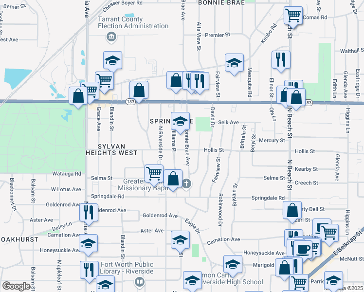 map of restaurants, bars, coffee shops, grocery stores, and more near 3207 Hollis Street in Fort Worth