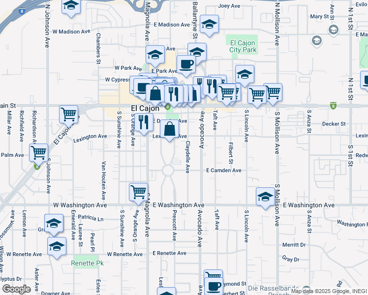 map of restaurants, bars, coffee shops, grocery stores, and more near 359 Prescott Avenue in El Cajon