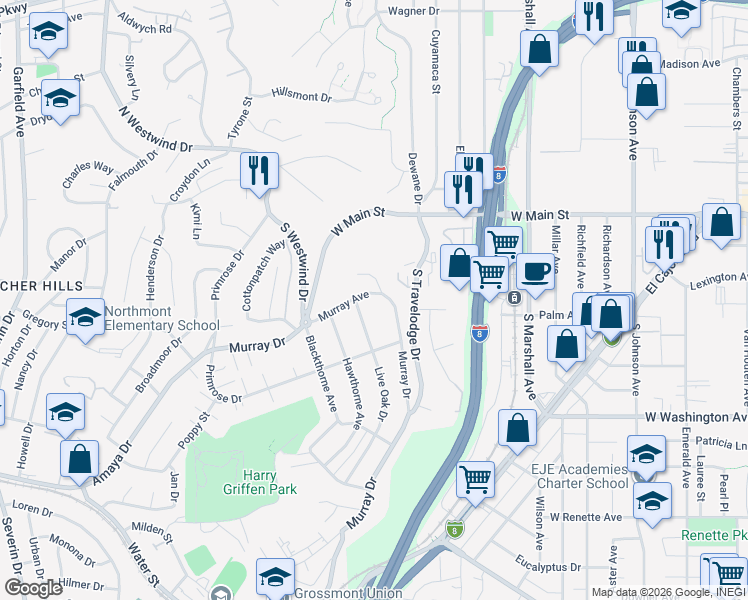 map of restaurants, bars, coffee shops, grocery stores, and more near 1445 Murray Avenue in El Cajon