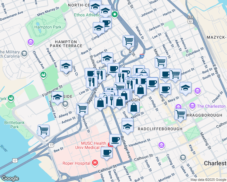 map of restaurants, bars, coffee shops, grocery stores, and more near 57 Bogard Street in Charleston