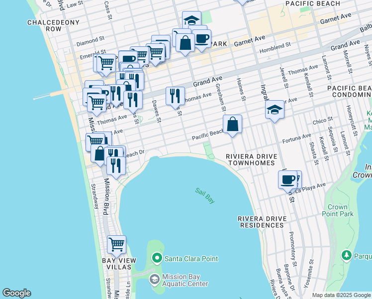 map of restaurants, bars, coffee shops, grocery stores, and more near 1177 Pacific Beach Drive in San Diego