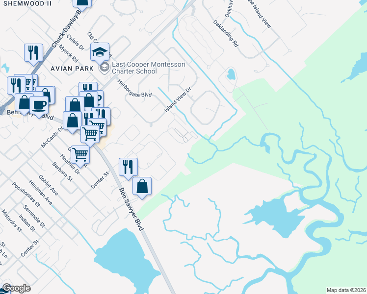 map of restaurants, bars, coffee shops, grocery stores, and more near 1572 Home Farm Road in Mount Pleasant