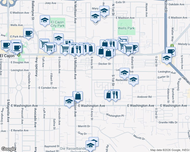 map of restaurants, bars, coffee shops, grocery stores, and more near 333 South Anza Street in El Cajon