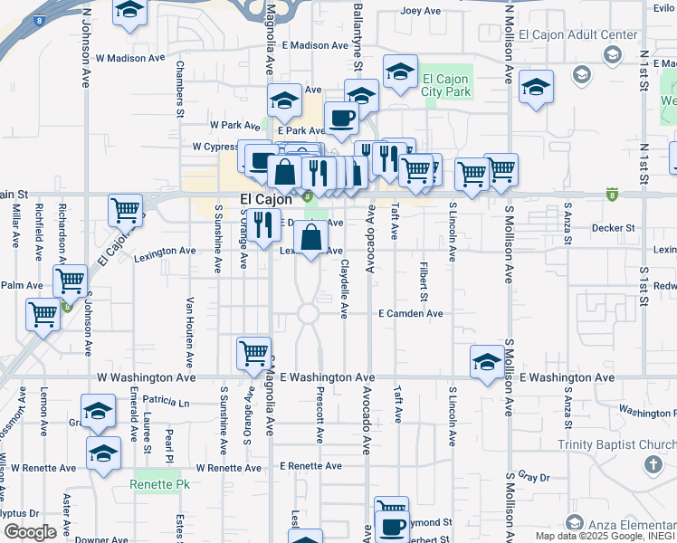 map of restaurants, bars, coffee shops, grocery stores, and more near 359 Prescott Avenue in El Cajon