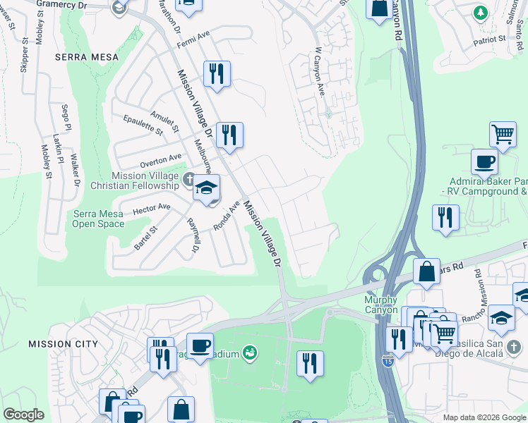 map of restaurants, bars, coffee shops, grocery stores, and more near 2520 Marathon Drive in San Diego
