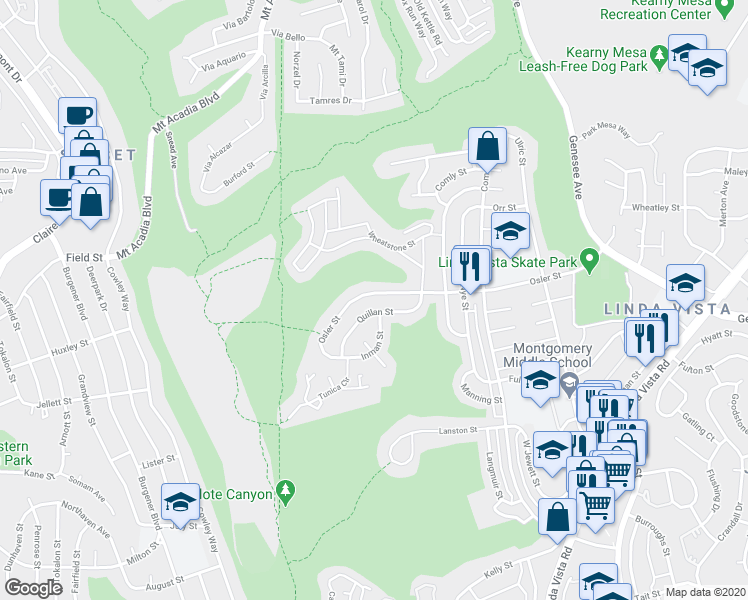 map of restaurants, bars, coffee shops, grocery stores, and more near 6388 Quillan Street in San Diego