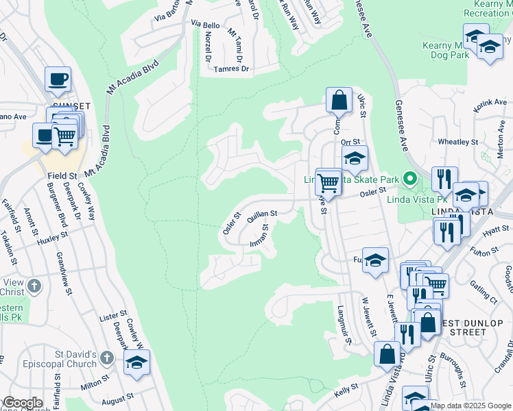 map of restaurants, bars, coffee shops, grocery stores, and more near 6388 Quillan Street in San Diego