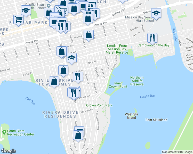 map of restaurants, bars, coffee shops, grocery stores, and more near 1804 Roosevelt Avenue in San Diego