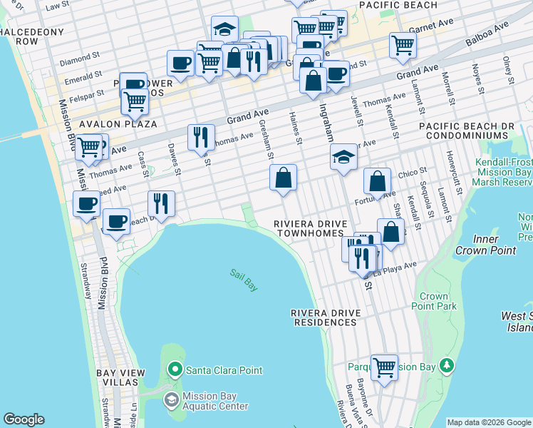 map of restaurants, bars, coffee shops, grocery stores, and more near 3940 Gresham Street in San Diego