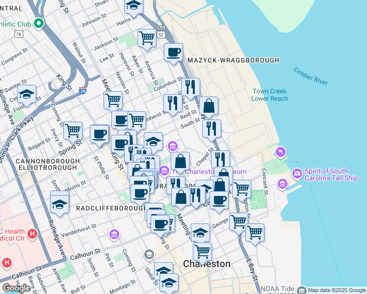 map of restaurants, bars, coffee shops, grocery stores, and more near 1 Judith Street in Charleston