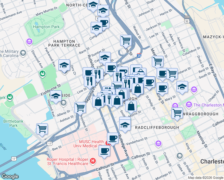 map of restaurants, bars, coffee shops, grocery stores, and more near 2 Peecksens Court in Charleston