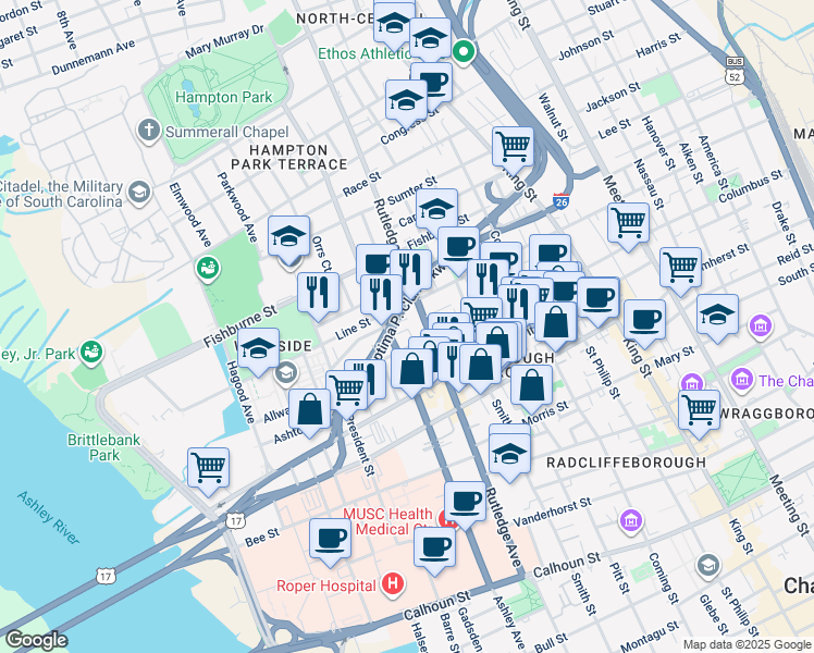 map of restaurants, bars, coffee shops, grocery stores, and more near 4 Catfiddle Street in Charleston