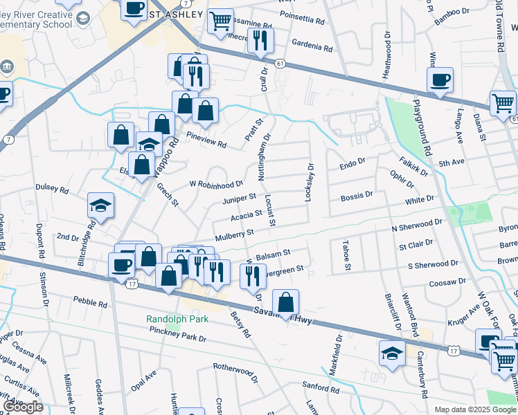 map of restaurants, bars, coffee shops, grocery stores, and more near 1553 Acacia Street in Charleston