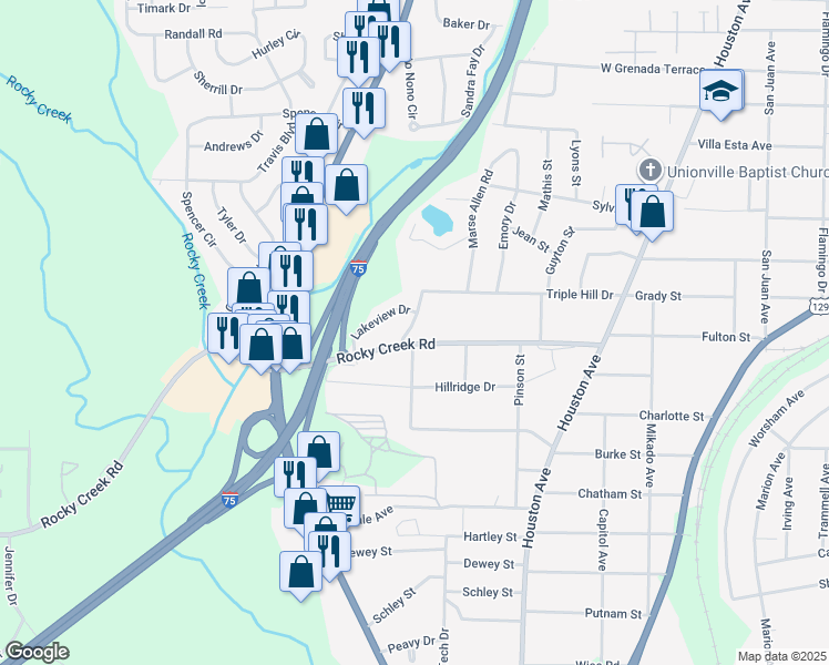 map of restaurants, bars, coffee shops, grocery stores, and more near 1285 Rocky Creek Road in Macon