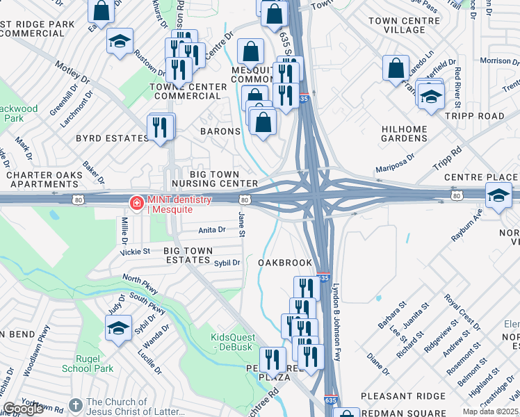 map of restaurants, bars, coffee shops, grocery stores, and more near 2100 U.S. 80 Frontage Road in Mesquite