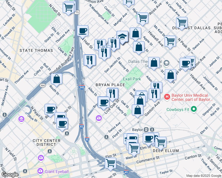 map of restaurants, bars, coffee shops, grocery stores, and more near 3030 Bryan Street in Dallas