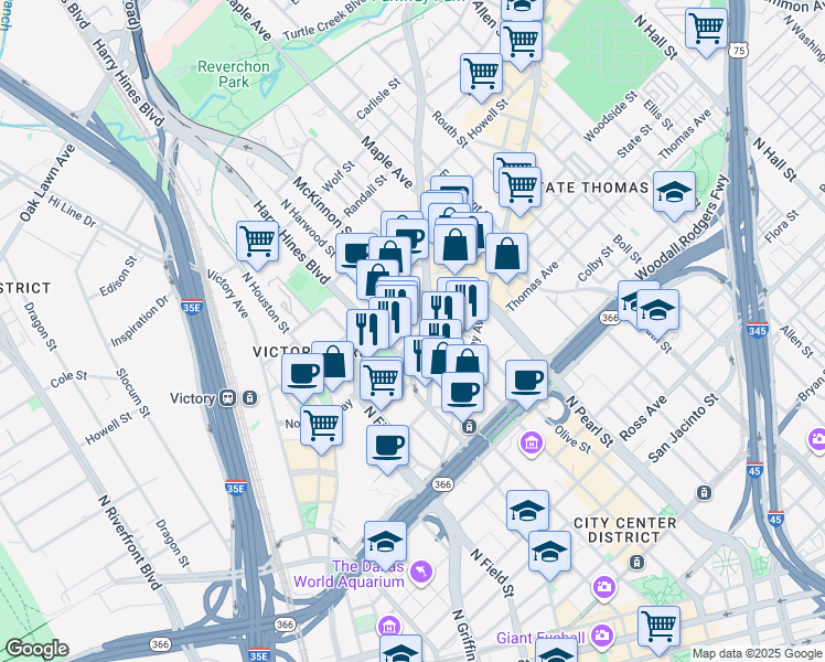 map of restaurants, bars, coffee shops, grocery stores, and more near 2017 Cedar Springs Road in Dallas
