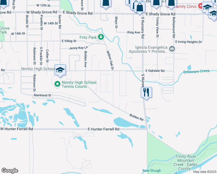 map of restaurants, bars, coffee shops, grocery stores, and more near 2210 Willow Oak Drive in Irving