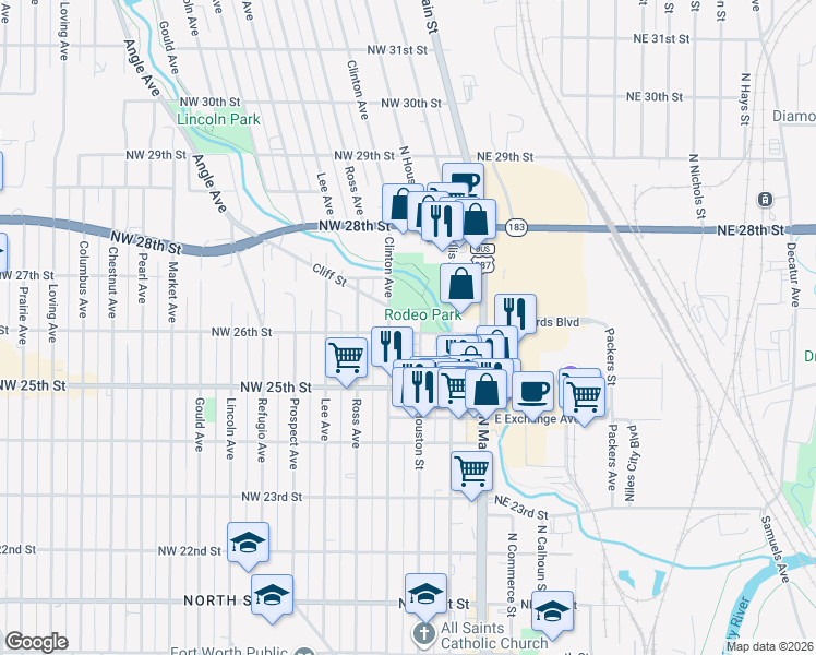 map of restaurants, bars, coffee shops, grocery stores, and more near 2521 North Houston Street in Fort Worth