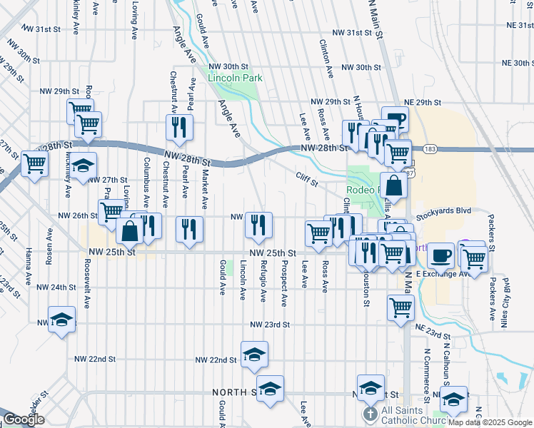 map of restaurants, bars, coffee shops, grocery stores, and more near 2520 Refugio Avenue in Fort Worth