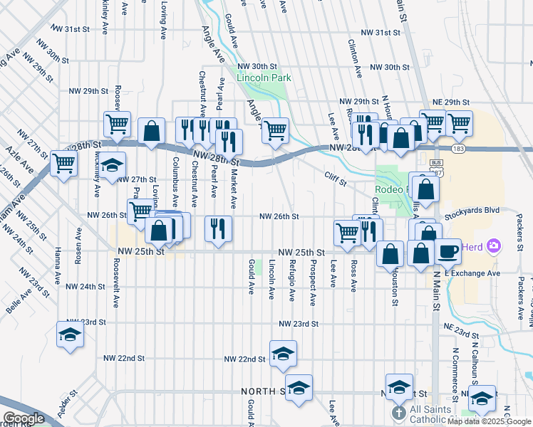 map of restaurants, bars, coffee shops, grocery stores, and more near 2525 Lincoln Avenue in Fort Worth
