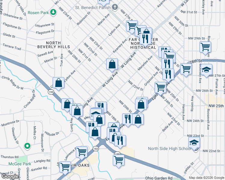 map of restaurants, bars, coffee shops, grocery stores, and more near 2524 Northwest 20th Street in Fort Worth