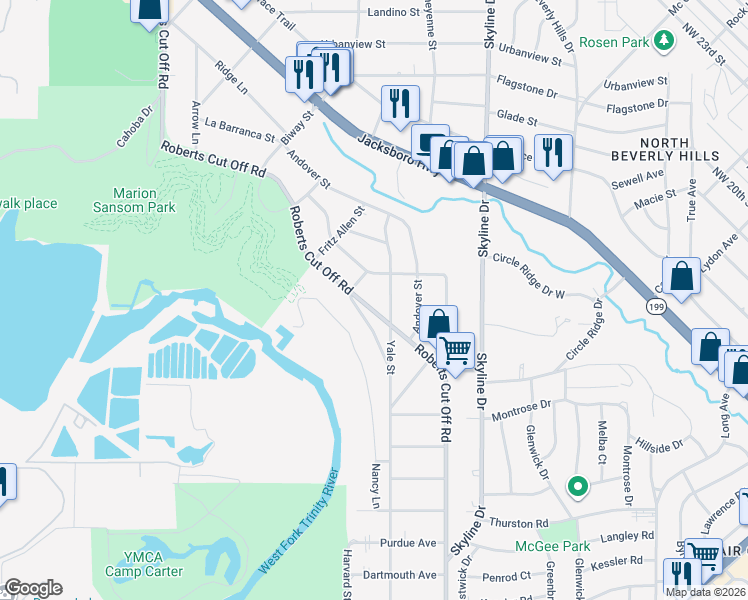 map of restaurants, bars, coffee shops, grocery stores, and more near 2200 Roberts Cut Off Road in Fort Worth