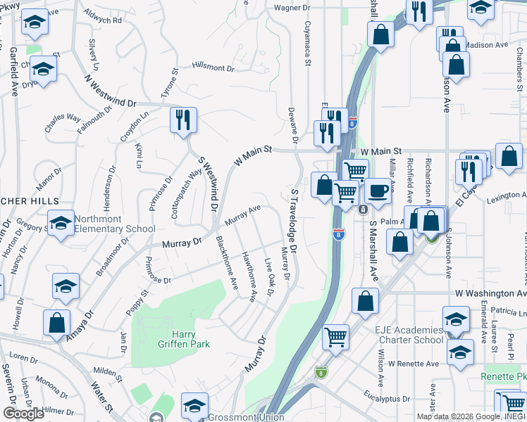 map of restaurants, bars, coffee shops, grocery stores, and more near 1445 Murray Avenue in El Cajon