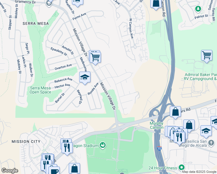 map of restaurants, bars, coffee shops, grocery stores, and more near 2546 Marathon Drive in San Diego