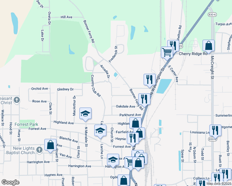 map of restaurants, bars, coffee shops, grocery stores, and more near 101-323 Ridgecrest Avenue in Bastrop