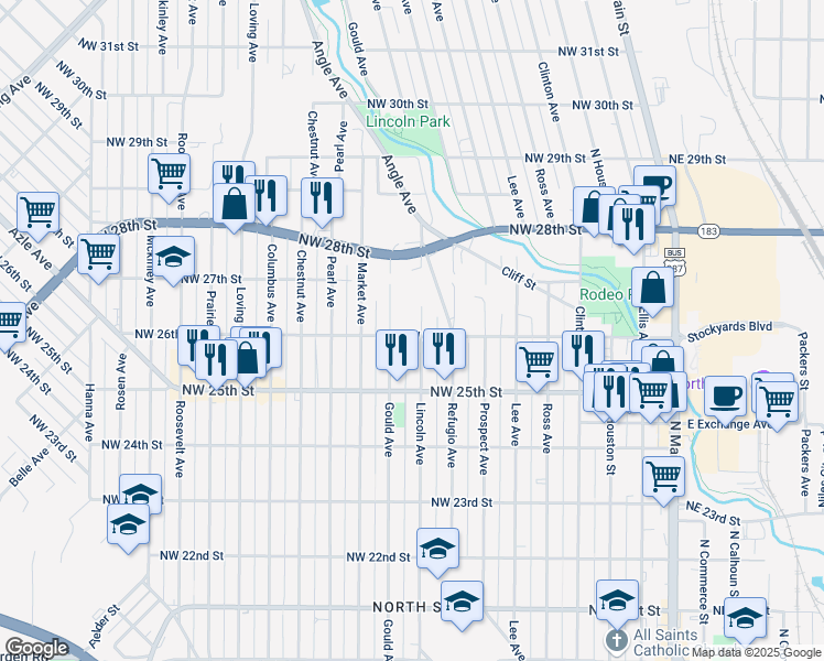 map of restaurants, bars, coffee shops, grocery stores, and more near 2525 Lincoln Avenue in Fort Worth