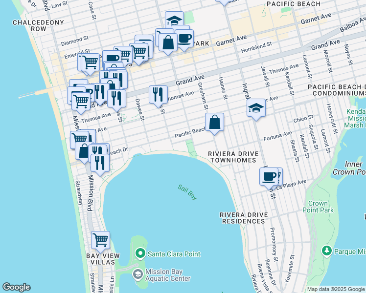 map of restaurants, bars, coffee shops, grocery stores, and more near 1235 Parker Place in San Diego