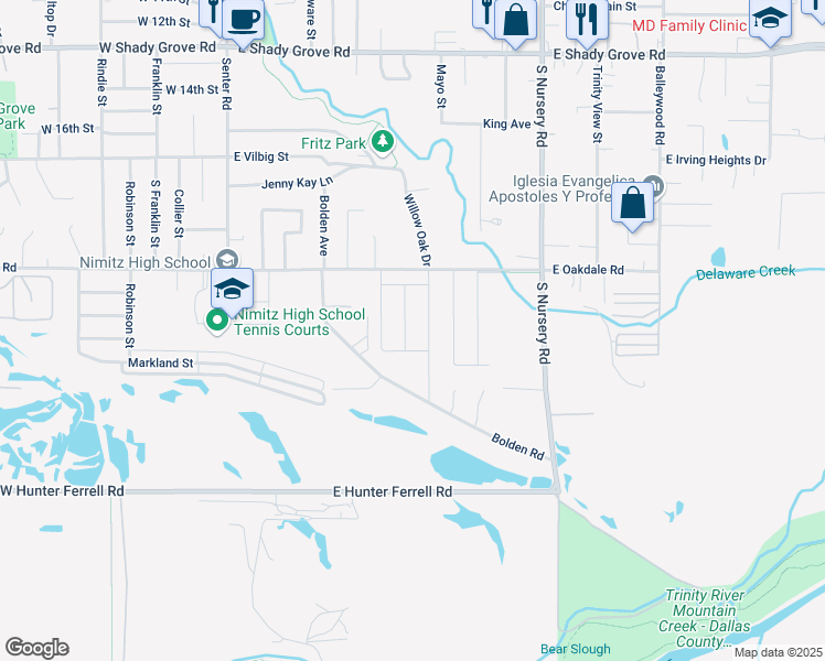 map of restaurants, bars, coffee shops, grocery stores, and more near 2210 Willow Oak Drive in Irving