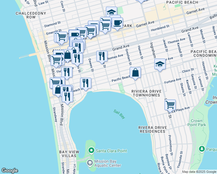 map of restaurants, bars, coffee shops, grocery stores, and more near 1177 Pacific Beach Drive in San Diego