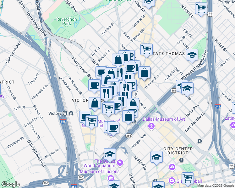 map of restaurants, bars, coffee shops, grocery stores, and more near 2525 McKinnon Street in Dallas
