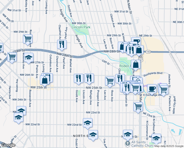map of restaurants, bars, coffee shops, grocery stores, and more near 2520 Refugio Avenue in Fort Worth