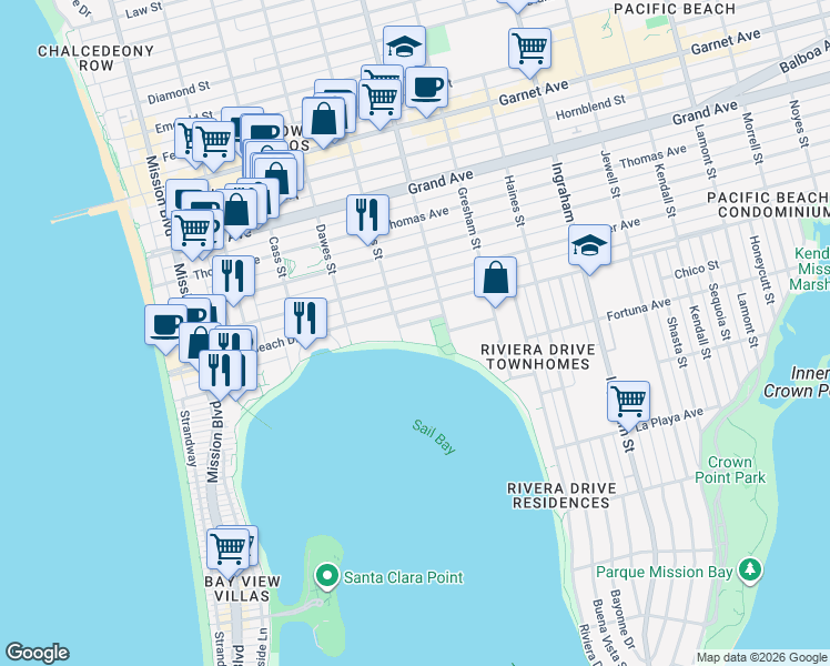 map of restaurants, bars, coffee shops, grocery stores, and more near 1221 Parker Place in San Diego