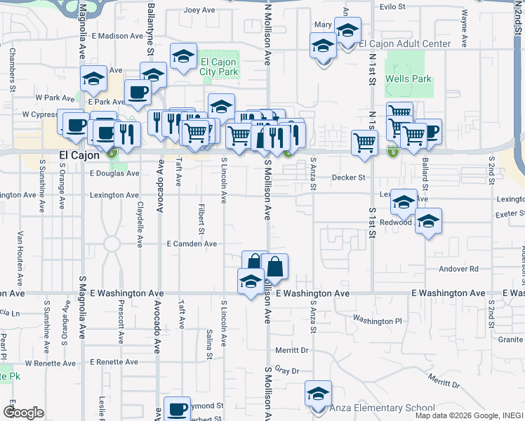 map of restaurants, bars, coffee shops, grocery stores, and more near 390 South Mollison Avenue in El Cajon