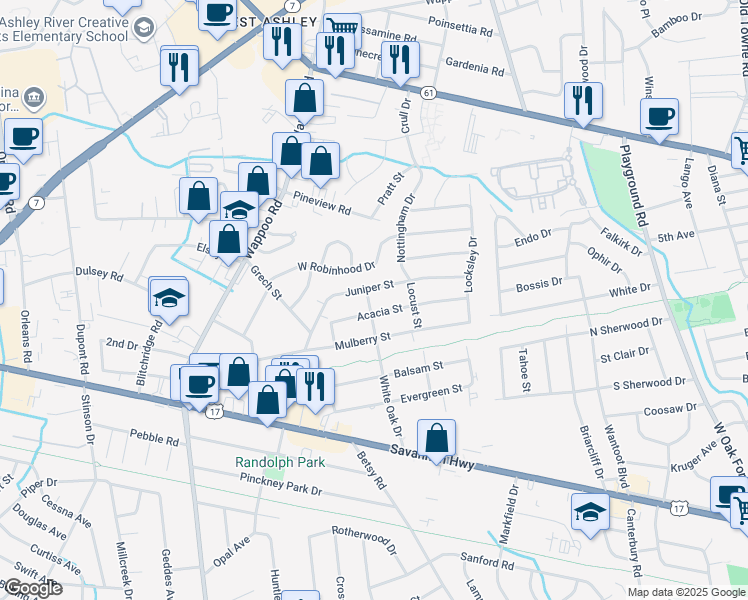 map of restaurants, bars, coffee shops, grocery stores, and more near 831 White Oak Drive in Charleston