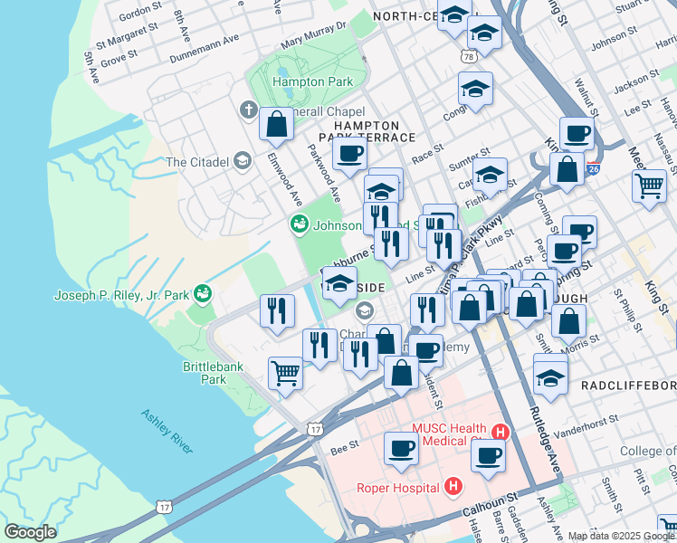 map of restaurants, bars, coffee shops, grocery stores, and more near 265 Fishburne Street in Charleston