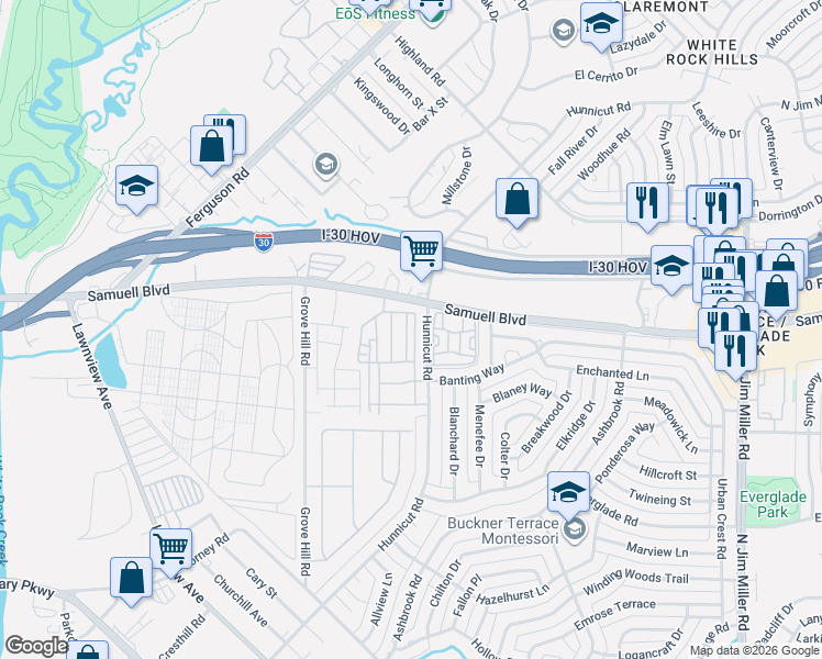 map of restaurants, bars, coffee shops, grocery stores, and more near 7450 Hunnicut Road in Dallas