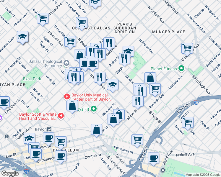 map of restaurants, bars, coffee shops, grocery stores, and more near in Dallas
