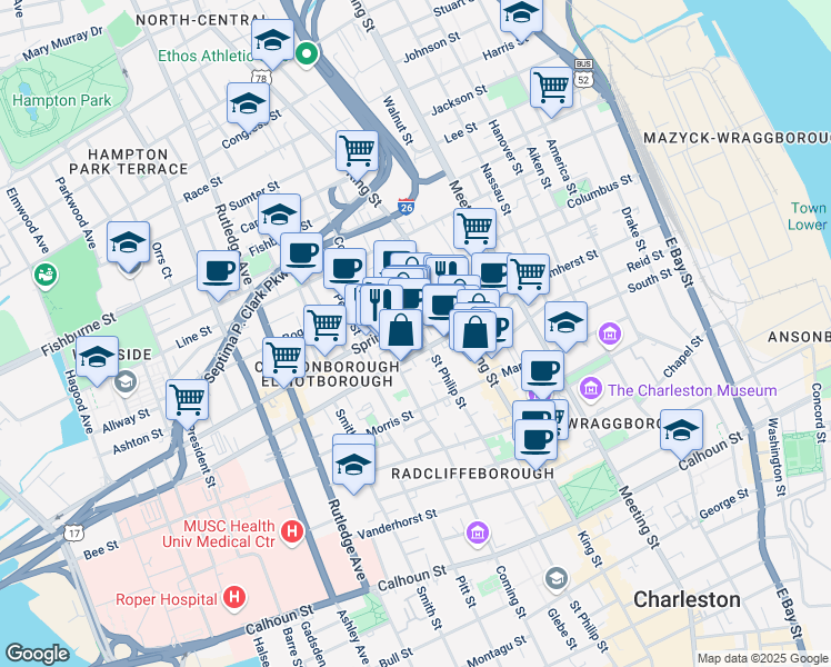 map of restaurants, bars, coffee shops, grocery stores, and more near 15 Brewster Court in Charleston