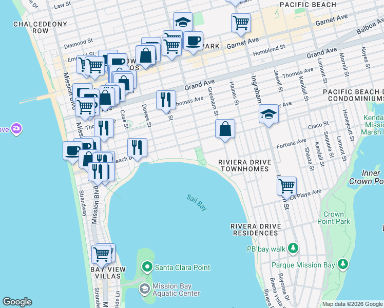 map of restaurants, bars, coffee shops, grocery stores, and more near 1235 Parker Place in San Diego