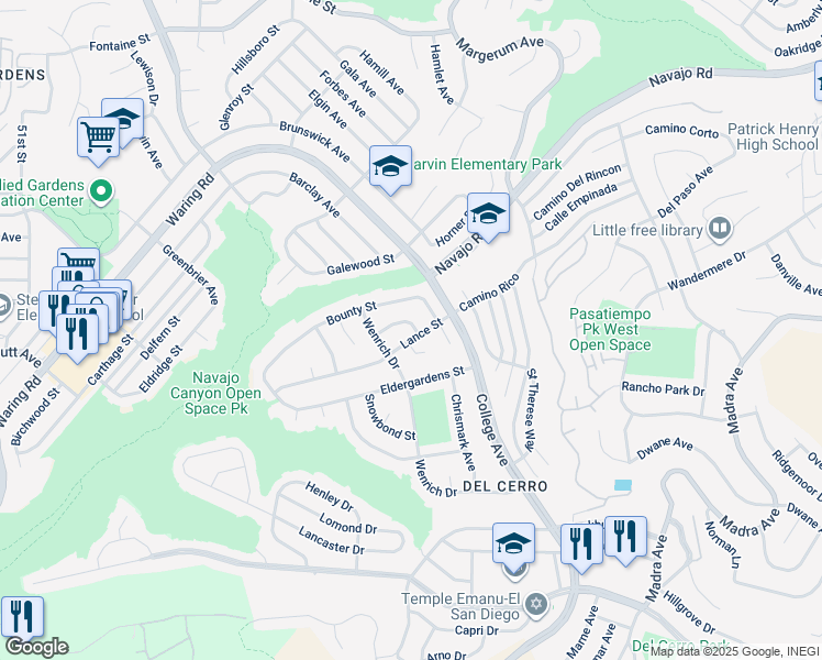map of restaurants, bars, coffee shops, grocery stores, and more near 5912 Lance Street in San Diego