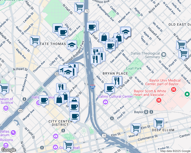 map of restaurants, bars, coffee shops, grocery stores, and more near 2900 San Jacinto Street in Dallas