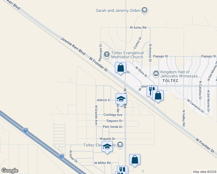 map of restaurants, bars, coffee shops, grocery stores, and more near 3955 Fawn Street in Eloy