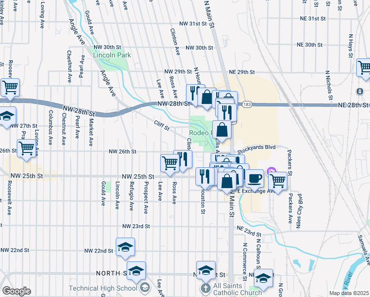 map of restaurants, bars, coffee shops, grocery stores, and more near 2527 Clinton Avenue in Fort Worth